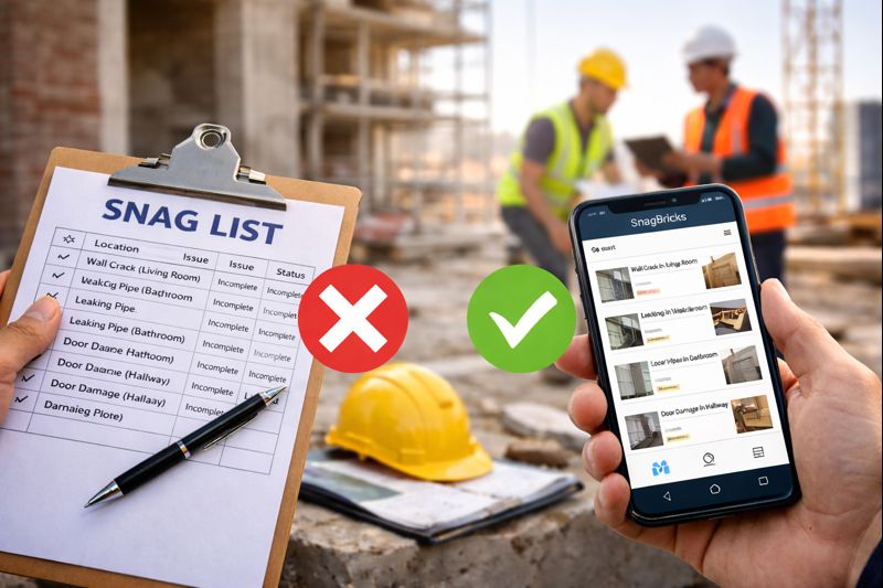 Digital snag list app compared with paper site inspection checklist